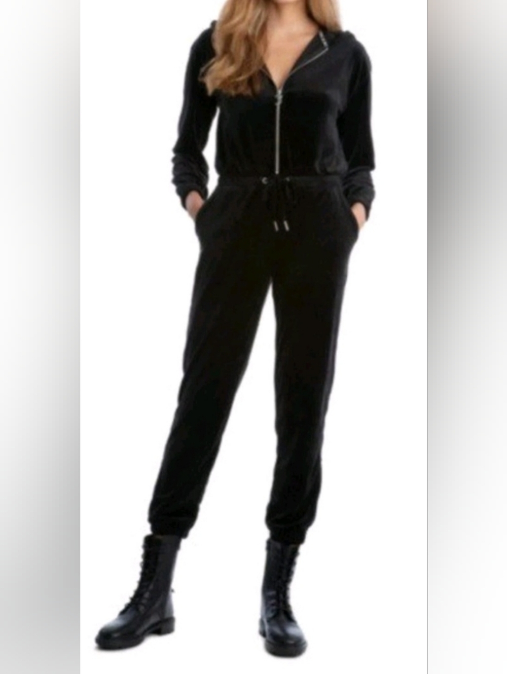 Juicy Couture Black Velour Hooded Jumpsuit Drawstring Zipper Closure SZ XS